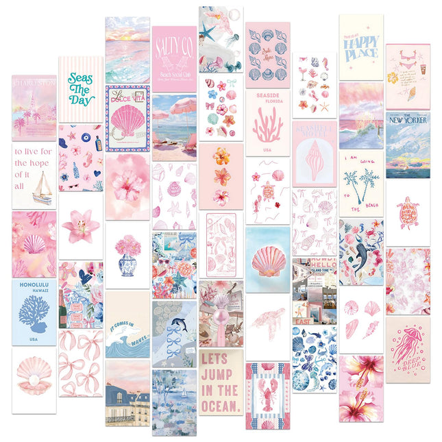 FYSUIMU 50Pcs Coastal Wall Collage Kit Pink Blue Coastal Beach Seashell Art Print Preppy Room Decor Aesthetic Pictures for Bedroom Wall Dorm Home Decor, 4 x 6 Inch
