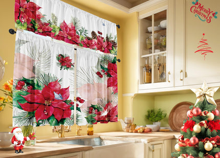 Cuteiush Christmas Poinsettia Valances for Kitchen Windows, Set of 3, Red and Green with Pinecone Butterfly, Rod Pocket, 52x18in and 36x26in x2, Multi-Room Decor, Digital Print