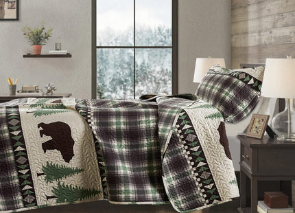 Junsey Rustic Bear Quilts Set Twin Size,Lightweight Plaid Bedspread Coverlet Rustic Lodge Bedding Forest Tree Bed Sheet with Pillswshams