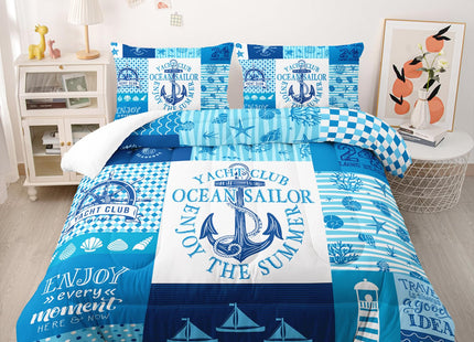 Nttopship Blue Ocean Grid Theme Comforter Set for Kids and Adults Anchor Sailboat Lighthouse Shell Quilt Set for Bedroom 100% Soft Microfiber Quilt Set with 1 Comforter and 2 Pillow Case