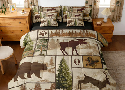 Erosebridal Rustic Bear Deer Cabin Bedding Set Queen Size,Kids Boys Western Country Farmhouse Comforter Set with Sheets 7 Pieces Camo Forest Lodge Bed in a Bag,Wildlife Animal Patchwork Bed Sets