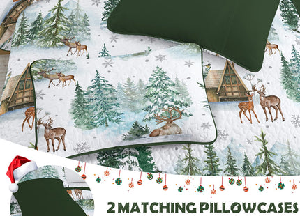 Dobuyly Christmas Quilt Set Queen Size, Forest Green Pine Cabin Bedspreads