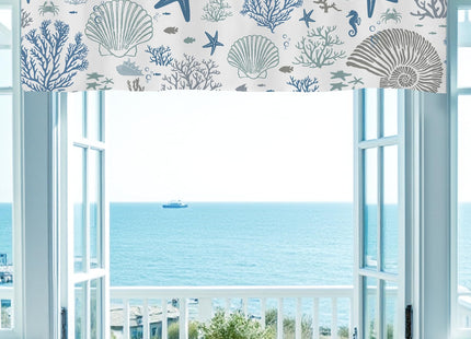 SIOQCKIS Coastal Valances for Windows, Summer Nautical Valances for Windows, Blue Seaside Valance Curtains Ocean Starfish Shell Kitchen Window Decor Conch Coral Living Room Bedroom Bathroom 51x18in