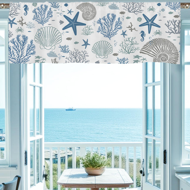 SIOQCKIS Coastal Valances for Windows, Summer Nautical Valances for Windows, Blue Seaside Valance Curtains Ocean Starfish Shell Kitchen Window Decor Conch Coral Living Room Bedroom Bathroom 51x18in