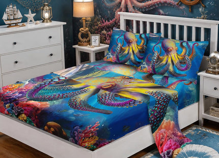 XYNHML 3D Octopus Fitted Sheet Set Full 4Pcs Nautical Ocean Quilt Bed Sheets Seaweed Bedding Set for Boys Teens Adult Includes 1 Fitted Sheet,1 Flat Sheet,2 Pillowcases