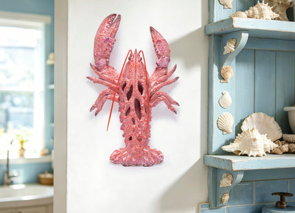 Hodao 12.25“ Red Coral Lobster Figurine Decor for Coastal Home Decor, Ocean Inspired Resin Figurine for Wall, Nautical Beach Bathroom Wall Hanging, Summer Coastal Home, Office Desk Gift