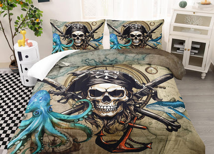 AILONEN 3D Pirate Captain Skull Comforter Set Twin Size, Octopus Dolphin Bedding Set for Kids Boys Girls,Nautical Theme Bed in a Bag Duvet Set,1 Quilt and 2 Pillowcases,3PCS