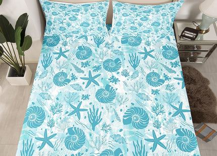 Seashell Conch Starfish Coral Fitted Sheet Queen Size,Coastal Ocean Beach Bedding Set 3Pcs,Underwater Life Print Bed Sheet Navy Blue Tie Dye Deep Pocket Sheet for Kids Teens Adult Bedroom Decor