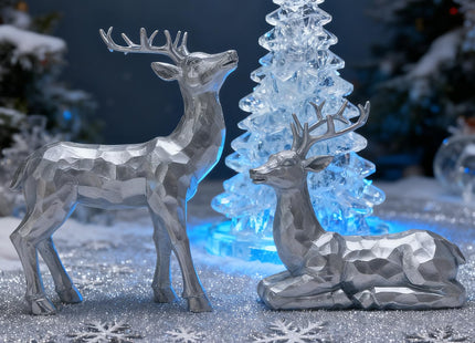 GatheringRain Simulated Deer Ornaments for Christmas Decoration, 2Pcs of Faceted Geometric Resin Deer Ornaments, Home Decoration, Christmas Ornaments (Silver)