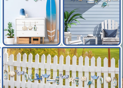 Maitys 36 Pcs Beach Wooden Ornaments Ocean Summer Tree Decorations Coastal Nautical Seaside Wood Cutouts Navigation Hanging Ornaments Xmas Decorations for Home Tree Wall Wreath Crafts(Beach Sea)