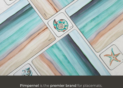 Pimpernel Coastal Shore Coasters, Set of 6 – 4" Square, Cork-Backed Drink Mats with Seashell Artwork, Lacquered Finish, Heat & Stain Resistant Tabletop, Dining & Kitchen Accessories