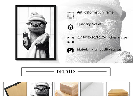 Funny Otter Bathroom Wall Art, Otter Getting Ready for Bath Canvas Print, Framed Black and White Farmhouse Decor for Bathroom Restroom Guest Bath, 12x16 Inch