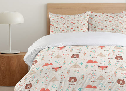 Ambesonne Tribal Duvet Cover Set, Prehistoric Fox Arrows Bear Lodge Houses Feather Graphic, Decorative 3 Piece Bedding Set with 2 Pillow Shams, King Size, Salmon Amber White