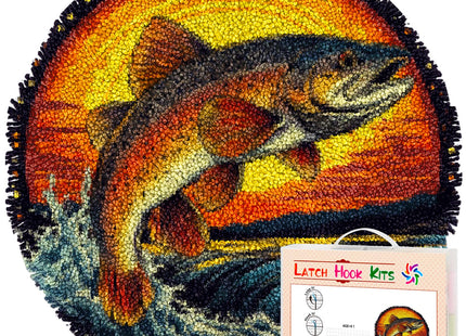 Latch Hook Rug Kit for Adults Trout Fish Jumping Out River and SunsetStamped Handmade Round Shape Carpet Crochet Yarn Craft DIY Hook and Latch Door Mat Tapestry for Home Floor Decor 50x50cm(6)