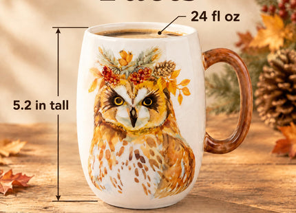 Moqidadii 24 oz Porcelain Coffee Mug, Hand-Painted Owl, Wood-Tone Handle