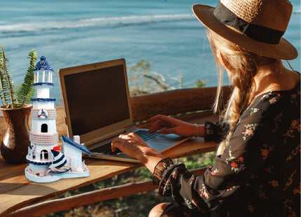COTA Global Ocean Blue Lighthouse Decor - Handmade and Crafted Wooden Lighthouse Decoration with Sailboat Figure, Nautical Themed Home Decor – 13.5 Inch