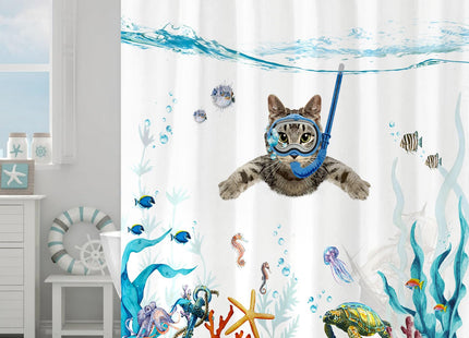 Fowocu Funny Cat Shower Curtain Set Teal Blue Sea Ocean Waterproof Fabric Shower Curtains with Animal Octopus Starfish Turtle Anchor Fish Nautical Bathroom Decor (Blue, 72''×72'')
