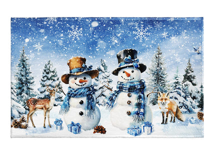 Evlaschin Blue Snowman Bath Rug Winter Forest Deer Fox Wildlife Bathroom Mats Xmas Pine Trees Snowflakes Presents Non-Slip Bathroom Rugs 32x20Inch for Shower Room Bathtub Kitchen Sink Decor