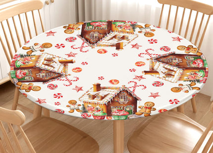 Christmas Round Fitted Tablecloth with Elastic for 36-40" Table Gingerbread