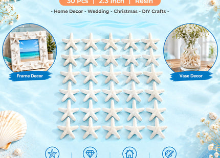 Framendino, 30 Pack 2.3 Inch White Starfish Resin Pencil Finger Decor Ornaments for Home Wedding Christmas Decorations