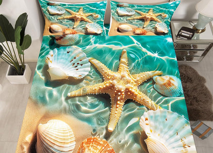 Ocean Bedding Set Beach Themed Sheet Set Teal Blue Ocean Sea Life Pattern Coastal Bed Sheet Sets Twin for Boys Girls 1 Starfish Flat Sheet - 1 Shell Fitted Sheet - 1 Pillowcase (Beach, Twin)