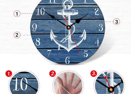 TAHEAT 8 Inch Blue Anchor Wall Clock, Nautical Coastal Beach Boat Compass Decor, Small Battery Operated Wall Clocks for Kitchen/Bedroom/Bathroom/Office