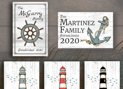Custom Beach House Sign - Lighthouse Home Decor - Coastal Theme Name Decoration - SOLID WOOD - 16.5 in x 10.5in (Lighthouse - Slate Blue)