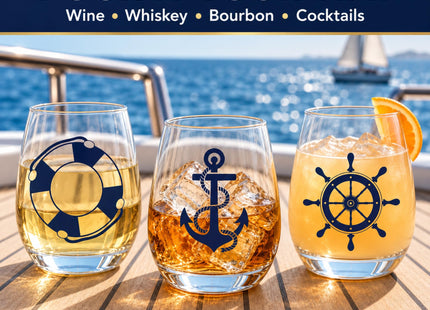 15oz Printed Nautical Stemless Wine Glasses, Set of 4, Anchor & Compass