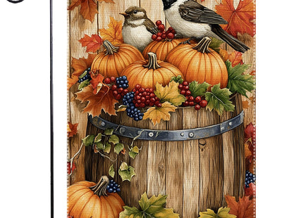 Fall Chickadee Garden Flag, Autumn Pumpkin Harvest Wooden Barrel Outdoor for Decor, Double Sided Burlap Maple Leaf Farmhouse Home Decor Yard Party Thanksgiving Decoration 12x18 Inch