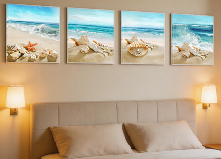 Sandy Beach Starfish Canvas Bathroom Wall Art Framed 4Pcs 12"x12"