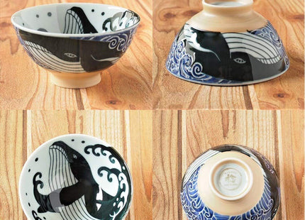 Minoru Touki White Wave Whale Blue Ceramic Rice Bowl Small Set of 2 φ4.4×H2.4in 11.29oz