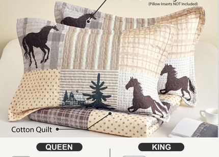 100% Cotton Rustic Lodge Cabin Horse Quilt Set, Beige Brown, Queen 90"x98"