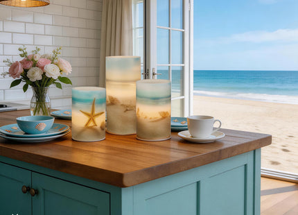 Velsyn Beach Flameless LED Candles with Remote and Timer, Seashell & Starfish Pillar Unscented Real Wax, Ocean Decor for Home Bedroom Wedding Coastal Room, 3" x 4",5",6", Set of 3(Beach)