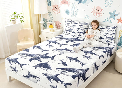 Erosebridal Shark Fitted Sheet Deep Pocket Full Size Ocean Life Bedding Set for Kids Boys Girls Children Underwater Word Sheet Set Sea Animal Bed Cover Grey and White Home Decoration(No Top Sheet)