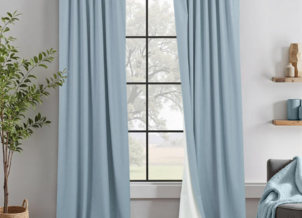 100% Blackout Curtains 90 Inches Long for Living Room 2 Panels Set Light Blocking Heat Darkening Energy Saving Curtain Window Coverings Coastal Beach Linen Farmhouse Drapes Bedroom Stone Blue Chambray