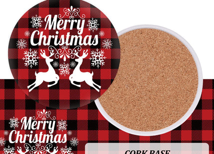 Whaline Merry Christmas Coasters Set of 4 Red Black Buffalo Plaids Drink Coaster Xmas Tree Truck Reindeer Absorbent Ceramic Coaster Holiday Cup Mat for Mugs Cups Home Kitchen Office Party Table Decor