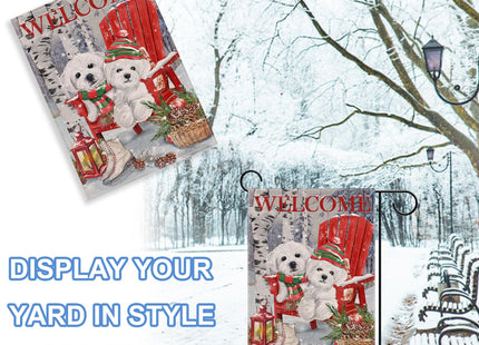 Covido Home Decorative Welcome Winter Bichon Frise Dogs Red Chair Garden Flag, Puppy Pinecone House Yard Ice Skates White Birch Trees Outside Decoration, Christmas Lantern Outdoor Small Decor 12 x 18