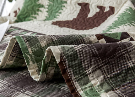 Junsey Cabin Bear Quilts Set Full/Queen Size, Lightweight Plaid Bedspread Coverlet Rustic Lodge Bedding Forest Tree Bed Sheet with Pillowshams (Beige Brown, Full/Queen)