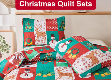 Smuge Christmas Bedspread Quilt Sets Twin Size - Nordic Cabin Rustic Wildlife Reindeers Elk Red Plaid Snowflake Snowman Winter Holiday Coverlet Bed Set Xmas Bedding Sets Throw Blanket Bedroom Decor