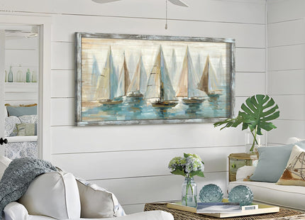 Ocean Pictures Wall Art Framed: Beach Seaside Artwork Coastal Sailboat Art on Wooden Seascape Painting for Living Room(60x30)
