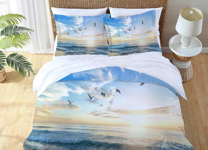 jamie world Beach Ocean Bedding Set Twin Full Queen King Size Coastal Bird Duvet Comforter Cover Sunrise Flower Cozy Quilt Cover Decorative Soft Bed Sets with 2 Pillowcases for Kids Adults