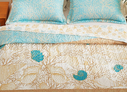 3 Pieces Coastal Quilt Sets King Size-Ocean Theme Coral Shell Starfish Conch Pattern Printed Quilt,Reversible Beach Bedding Set,Summer Soft Lightweight Nautical Bedspread Coverlet(King 106"x96")