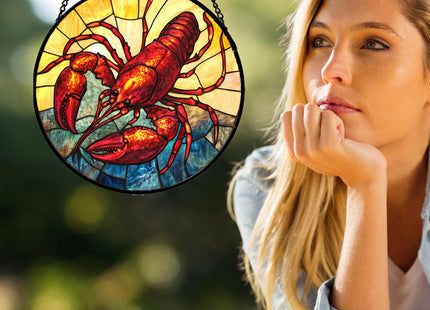 HWRHTR Stained Glass Window Hanging Red Lobster Marine Life 9.8" - Suncatcher Door Garden Sun Catcher Home Decor Birthday Christmas for Mom Men Woman Friend Nana