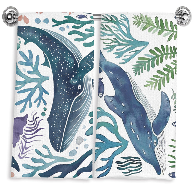 YXYBF Blue Whale Nautical Coastal Hand Dish Tea Towels for Kitchen Bathroom Decor 16x24 Inches, Coastal Bathroom Decor, Ocean Marine Life Beach Kitchen Towels Decorative Set of 2