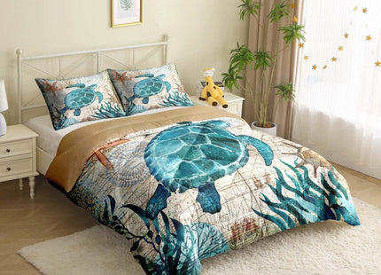 MUSOLEI Ocean Comforter Set Turtle Comforter Set, Sea Turtle Bedding Collections Soft for Teen Boys Turquoise Ocean Themed Mediterranean Style Printed Design Quilt Set Twin Size Comforter Sets（Twin）