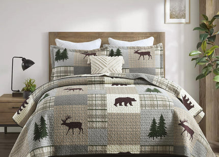 Uniclinens Quilt Set Queen Size, Cotton Quilted Quilt Bedding Set Bedspread, Bear Tree Elk Farmhouse Rustic Quilt, Patchwork Plaid Comforter Set, 3 Pieces Set with 2 Pillowshams, Brown/Grey/Green