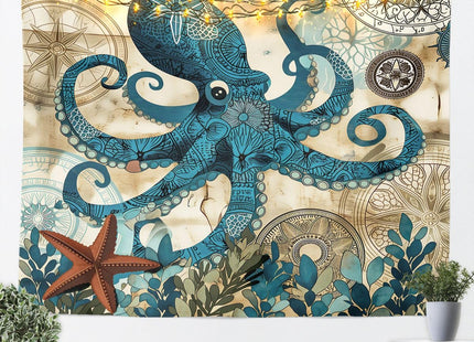 Trippy Octopus Small Size Wall Tapestry, 3D Sea Animal Octopus Tentacle Rustic Wall Hanging for Bedroom, Ocean Graffiti Kids Hippie Tapestry Beach Blanket Dorm Home Decor (Marine life, 59 x 82)
