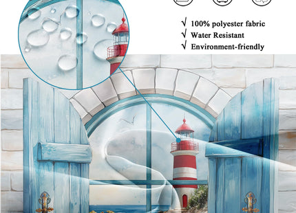Beach Lighthouse Ocean Sea Teal Coastal Wooden Bathroom Shower Curtain Set