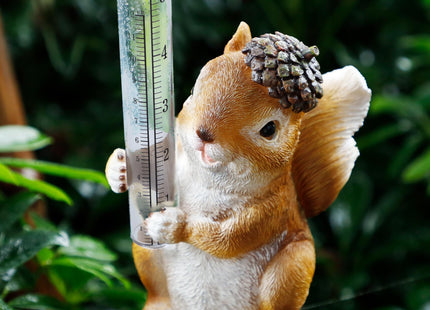 FORUP Resin Squirrel Rain Gauge, Hand Painted Squirrel Sculpture Water Gauge