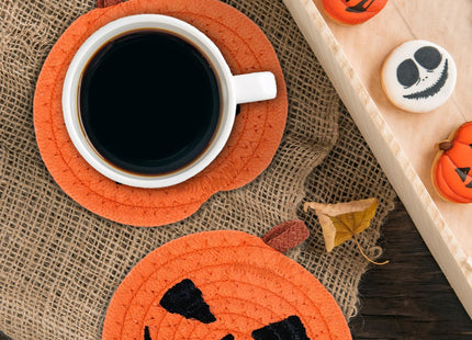 Whaline 4Pcs Halloween Pumpkin Handmade Braided Cotton Coasters Orange Black Pumpkin Shape Drink Coasters Absorbent Cup Mat for Home Office Party Decor, 4.7 Inch